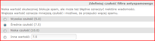 Czułość filtra antyspamowego Czułość filtra antyspamowego