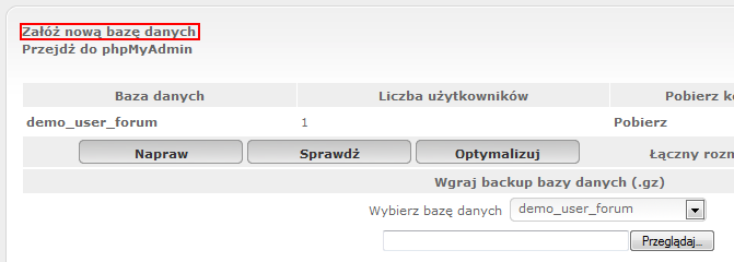 Link do zakładania nowej bazy danych